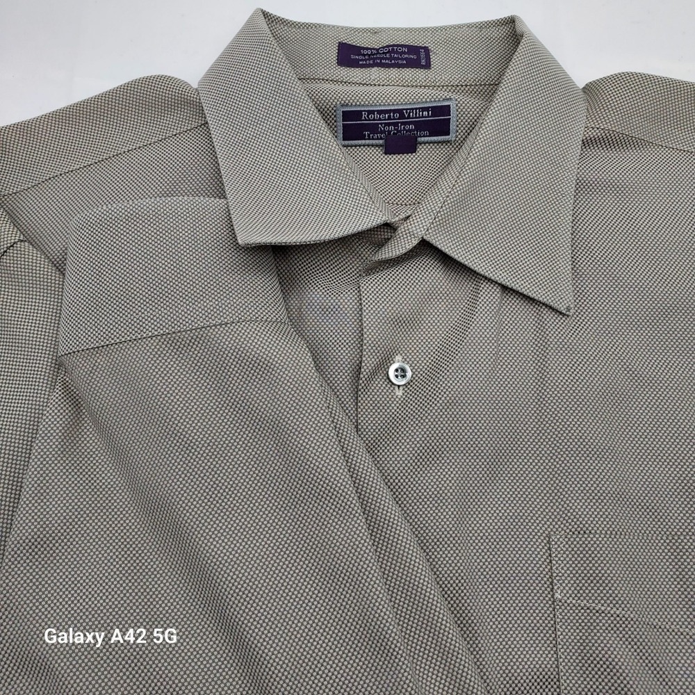 Roberto Villini Non-Iron Travel Collection Mens Dress Shirt 18.5 34-35 Tan Micro